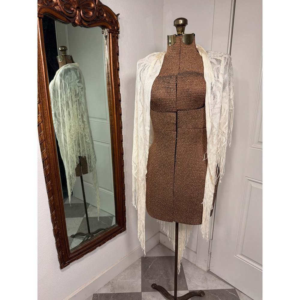 Vintage Ivory Floral Lace Fringe Shawl Wrap Triangle Scarf Boho Wedding Cream
